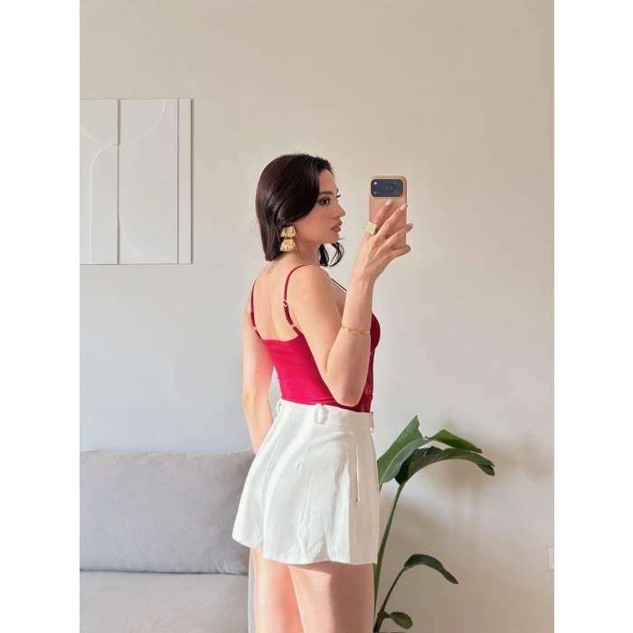 Güpürlü Bel Korse Bodysuit - KIRMIZI