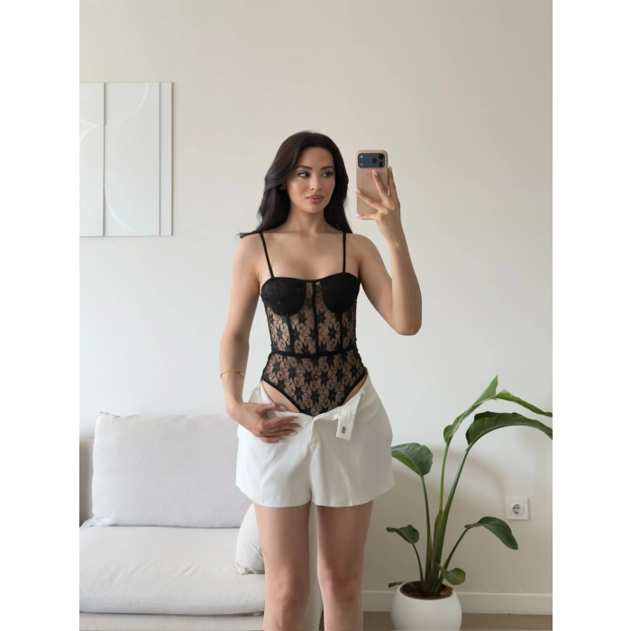 Güpürlü Bel Korse Bodysuit - SİYAH