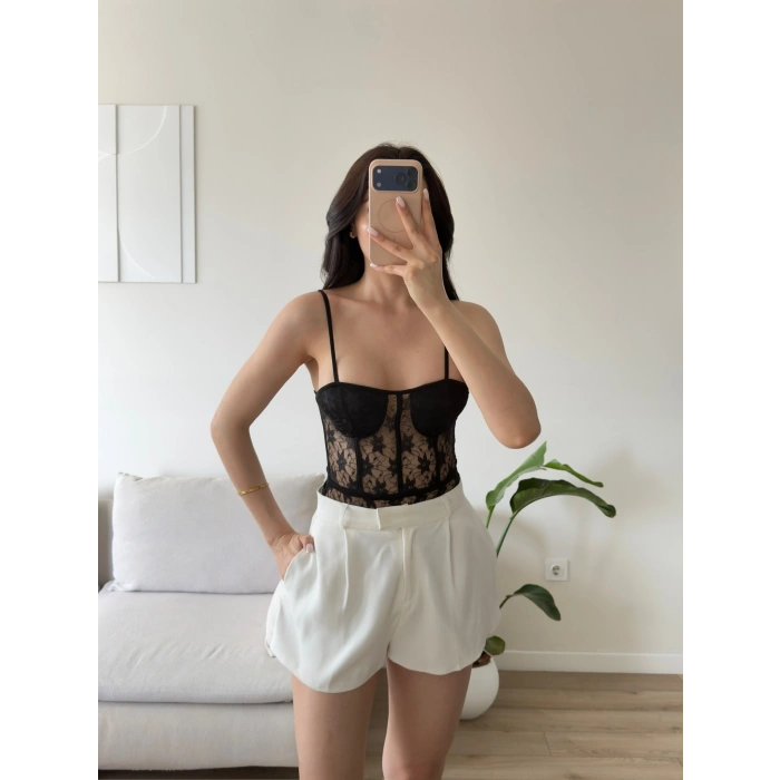 Güpürlü Bel Korse Bodysuit - SİYAH