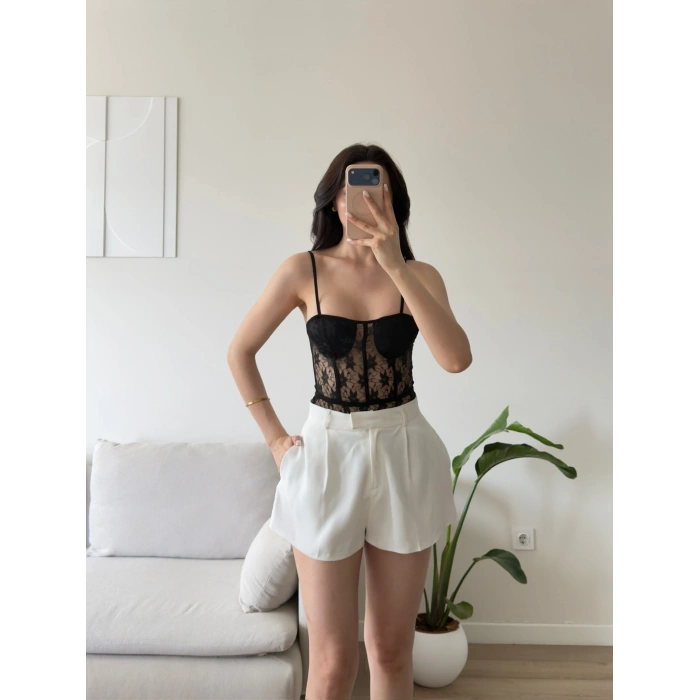 Güpürlü Bel Korse Bodysuit - SİYAH