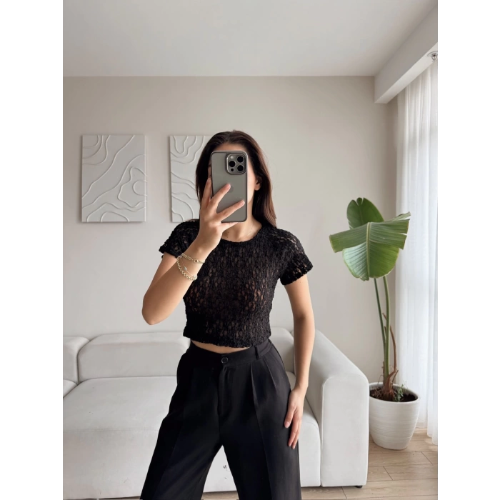 Güpürlü Dantel Crop - SİYAH