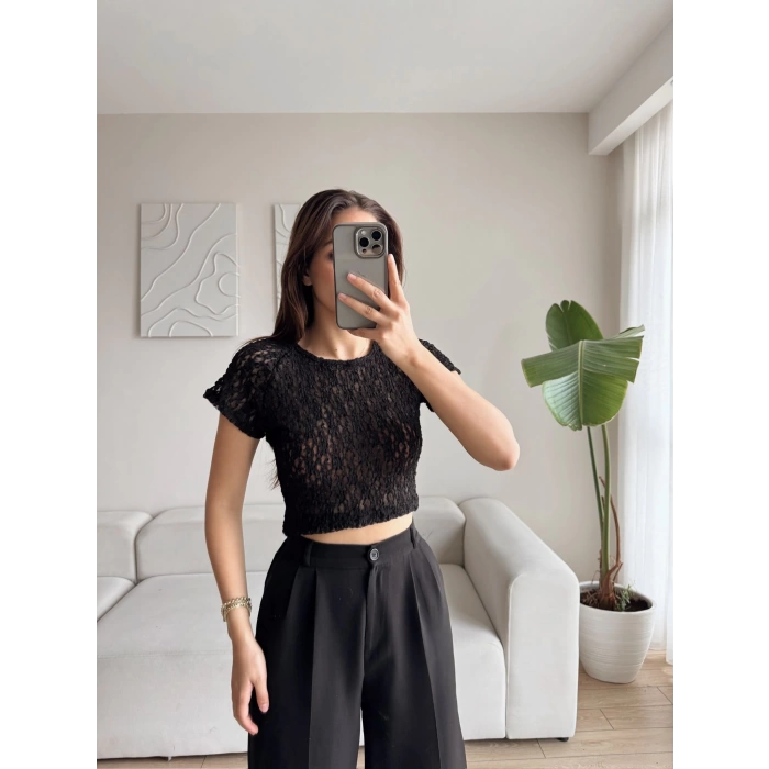 Güpürlü Dantel Crop - SİYAH