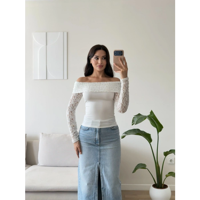 Güpürlü Madonna Yaka Bluz - BEYAZ