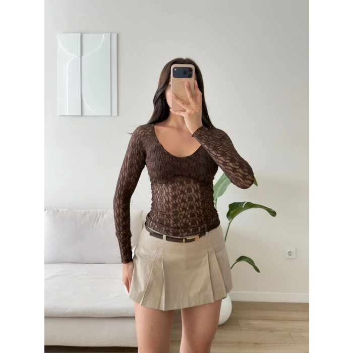 Güpürlü Transparan Bluz - KAHVE