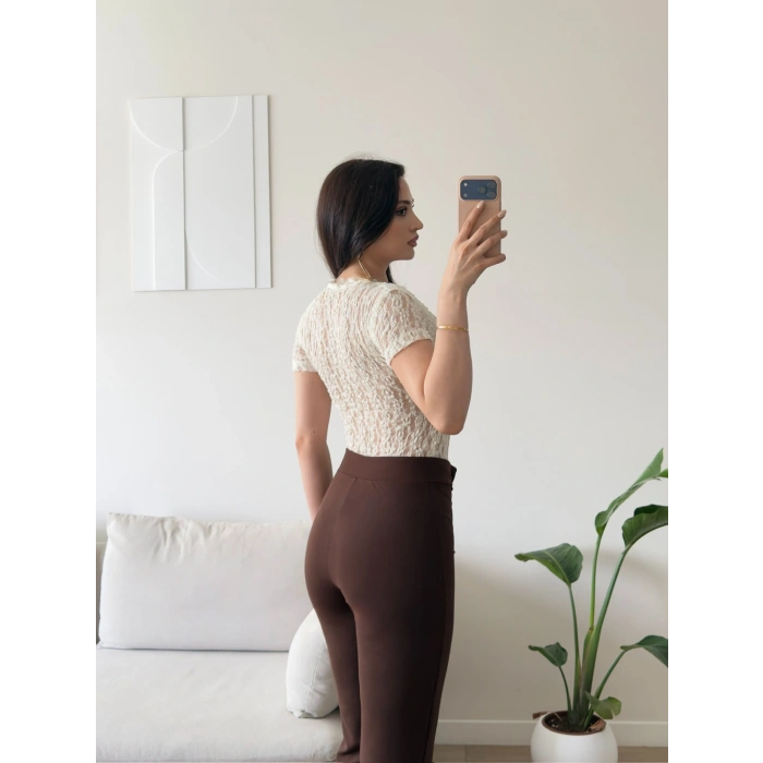 Güpürlü V Yaka Bodysuit - BEYAZ