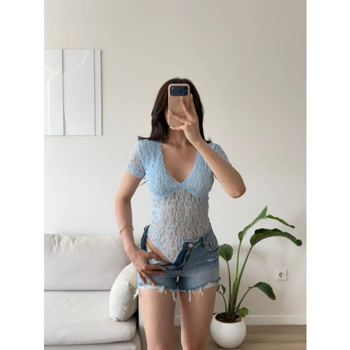 Güpürlü V Yaka Bodysuit - MAVİ
