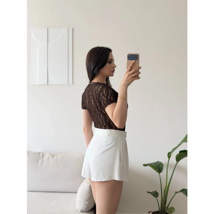 Güpürlü V Yaka Bodysuit - KAHVE