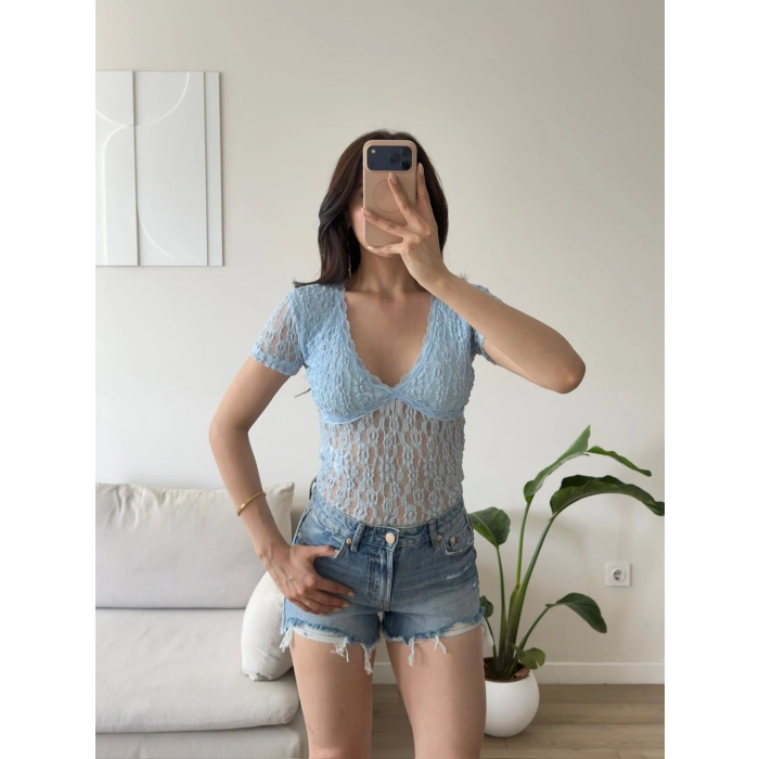Güpürlü V Yaka Bodysuit - MAVİ