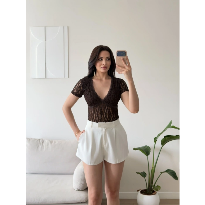 Güpürlü V Yaka Bodysuit - KAHVE