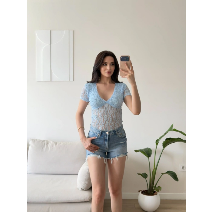 Güpürlü V Yaka Bodysuit - MAVİ