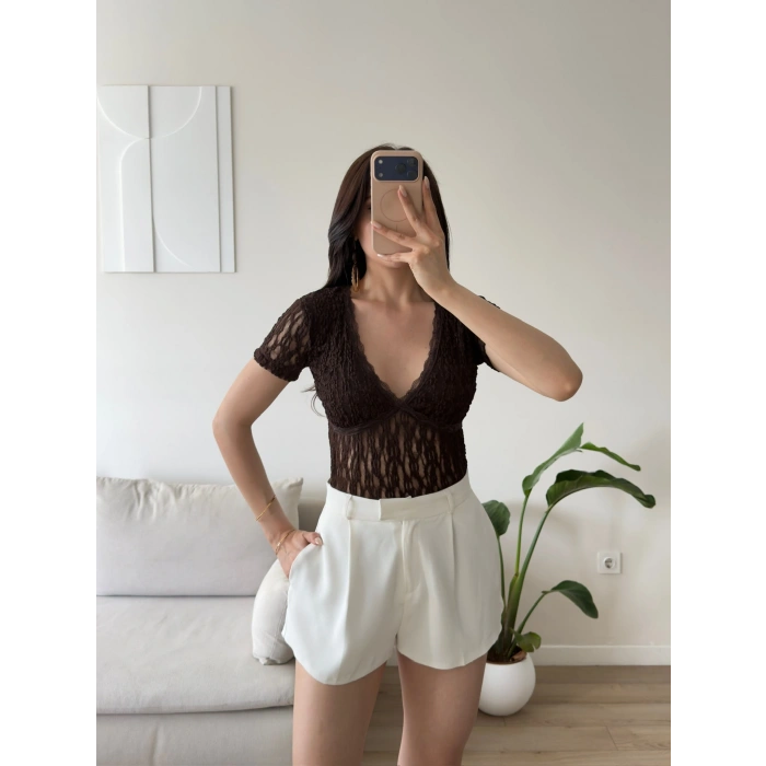 Güpürlü V Yaka Bodysuit - KAHVE