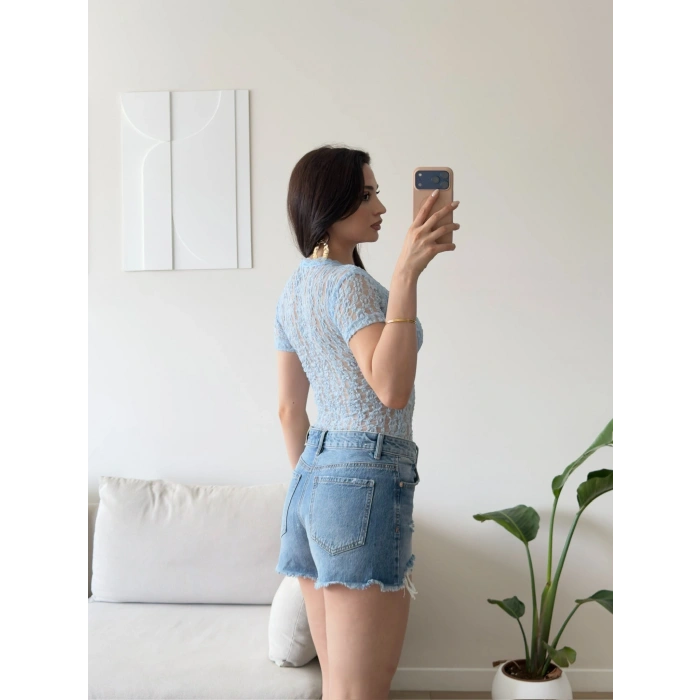 Güpürlü V Yaka Bodysuit - MAVİ