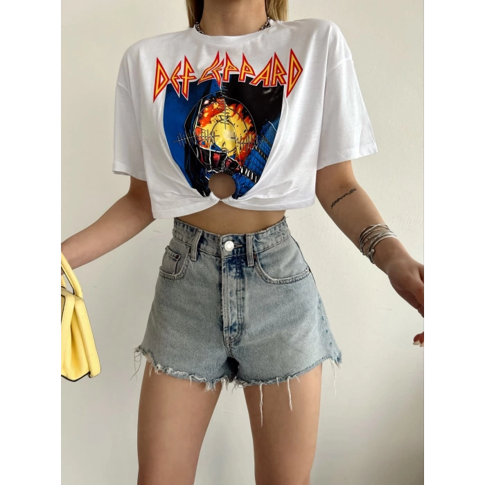 Halka Detay Baskılı Crop - BEYAZ
