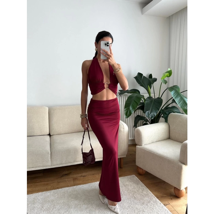 Halka Detay Boyun Bağlamalı Elbise - BORDO