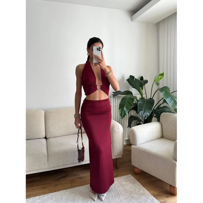 Halka Detay Boyun Bağlamalı Elbise - BORDO