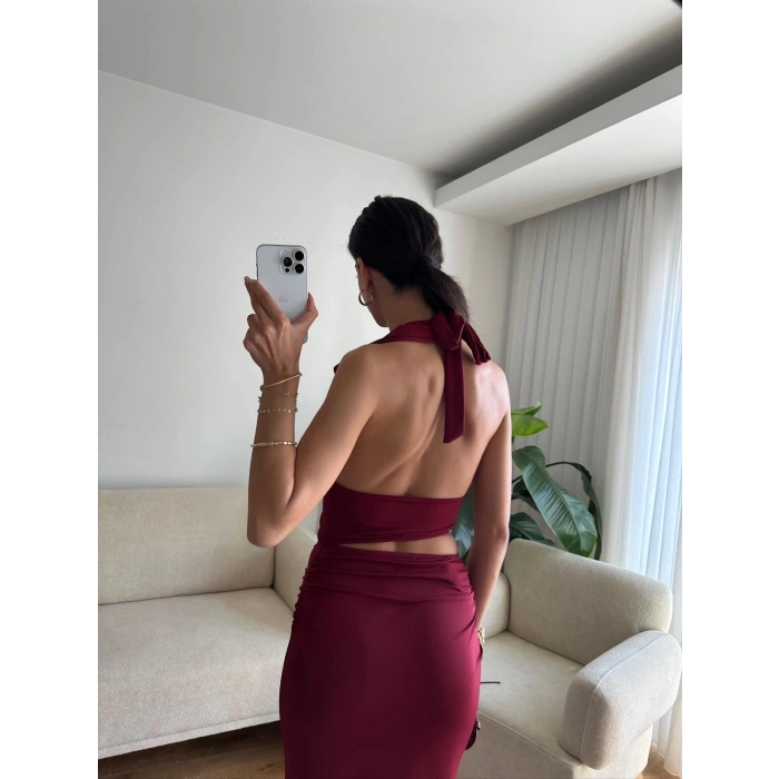 Halka Detay Boyun Bağlamalı Elbise - BORDO
