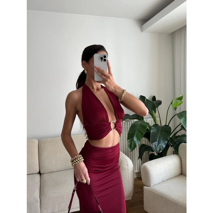 Halka Detay Boyun Bağlamalı Elbise - BORDO