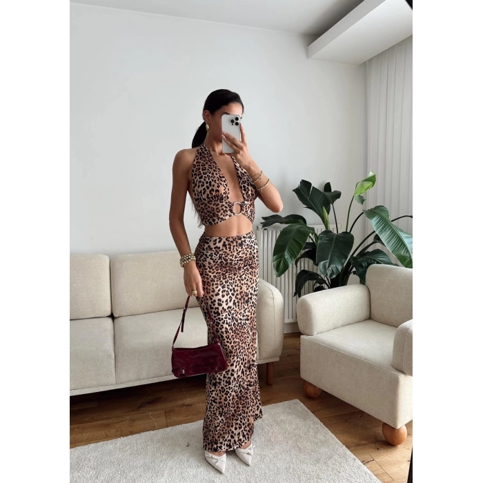 Halka Detay Boyun Bağlamalı Elbise - LEOPAR