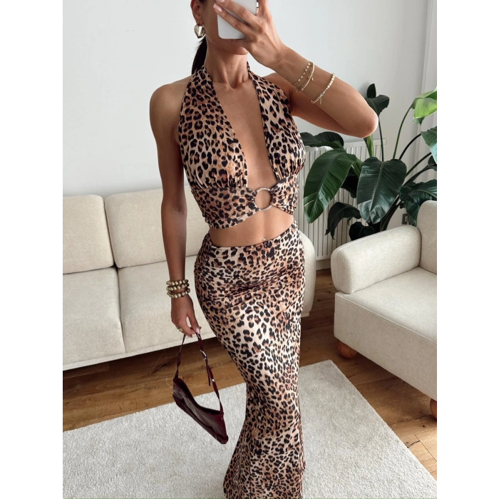 Halka Detay Boyun Bağlamalı Elbise - LEOPAR