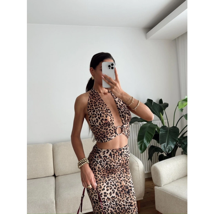 Halka Detay Boyun Bağlamalı Elbise - LEOPAR