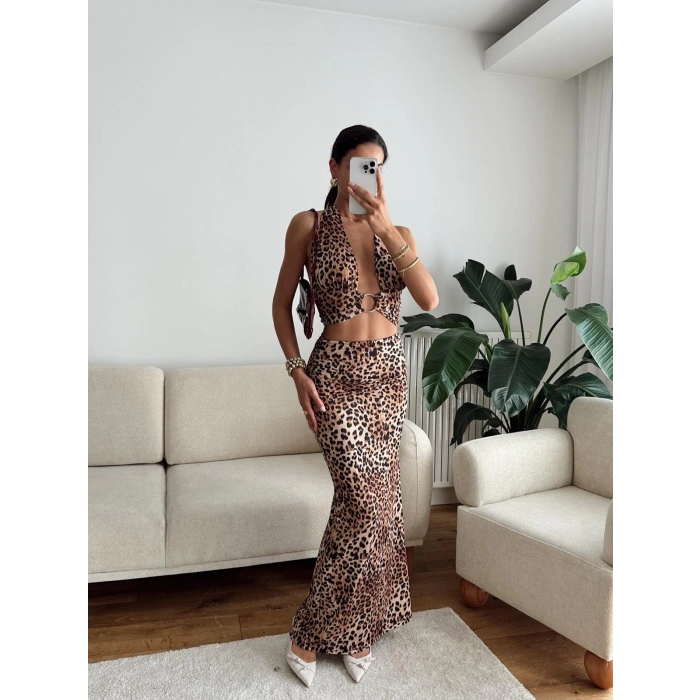 Halka Detay Boyun Bağlamalı Elbise - LEOPAR