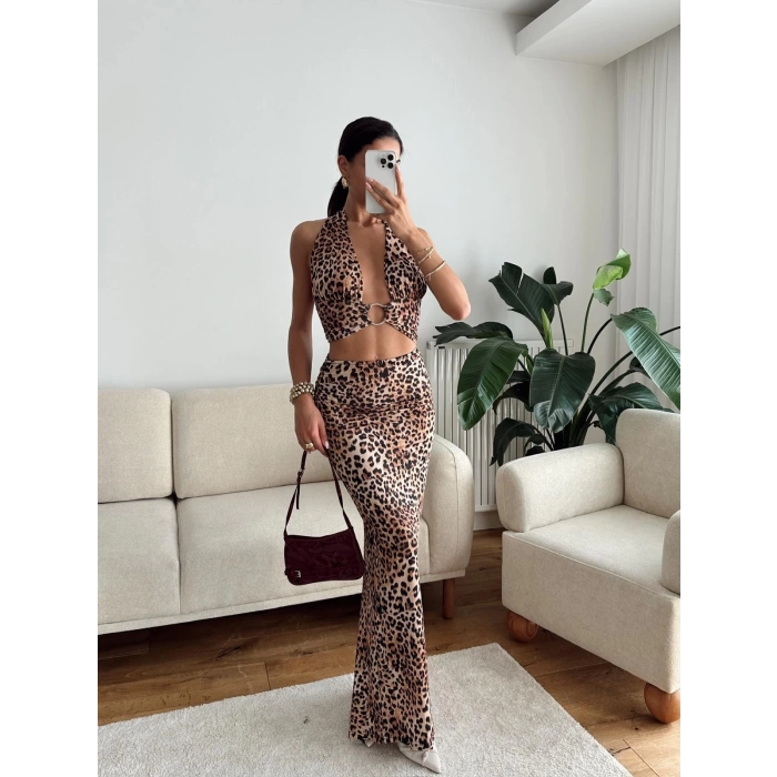 Halka Detay Boyun Bağlamalı Elbise - LEOPAR