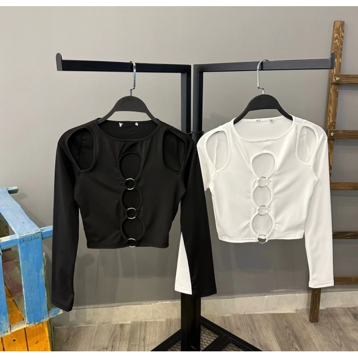 Halka Detay Crop Bluz-SİYAH