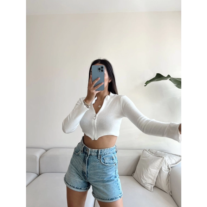 Halka Fermuar Crop Bluz-BEYAZ