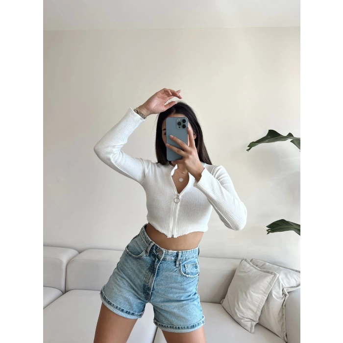 Halka Fermuar Crop Bluz-BEYAZ