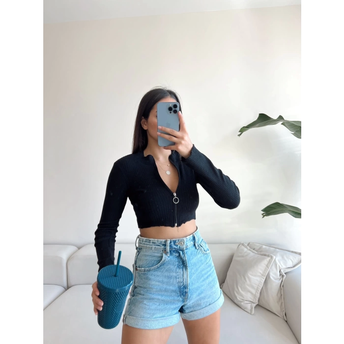 Halka Fermuar Crop Bluz-SİYAH