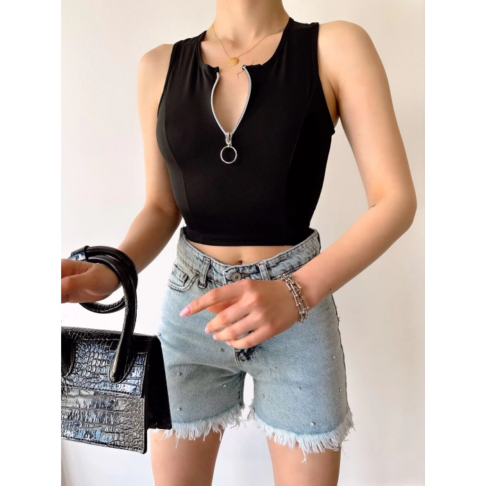 Halka Fermuar Crop-SİYAH