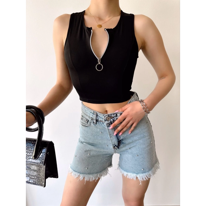 Halka Fermuar Crop-SİYAH