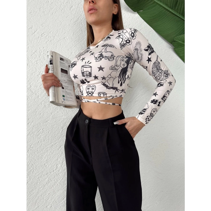 Hallowen Desen Bağlamalı Crop