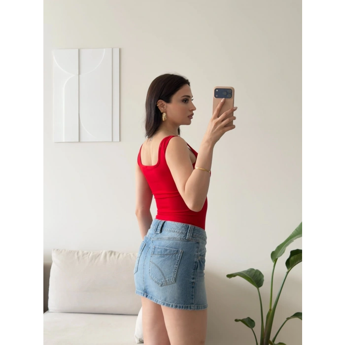 Halter Çıtçıtlı Bodysuit - KIRMIZI