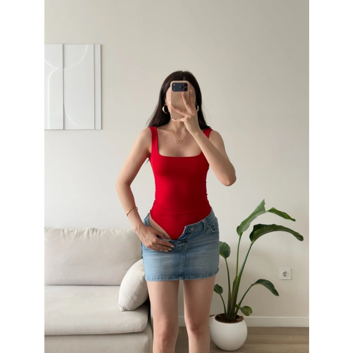 Halter Çıtçıtlı Bodysuit - KIRMIZI
