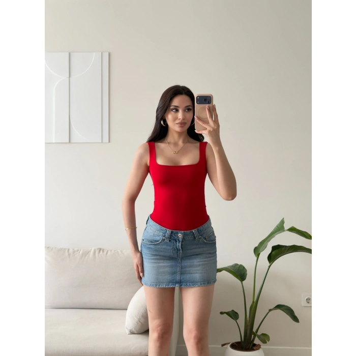 Halter Çıtçıtlı Bodysuit - KIRMIZI
