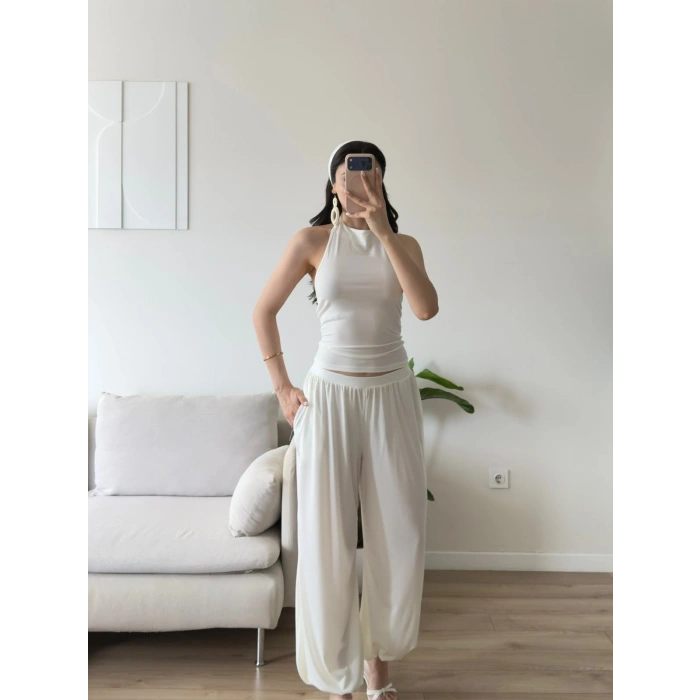 Halter Crop Balon Pantolon Takım - BEYAZ