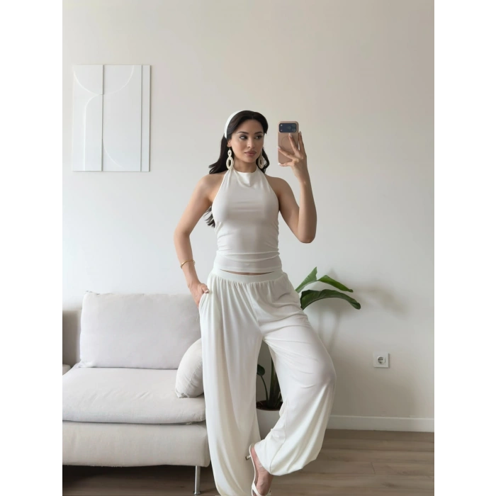 Halter Crop Balon Pantolon Takım - BEYAZ