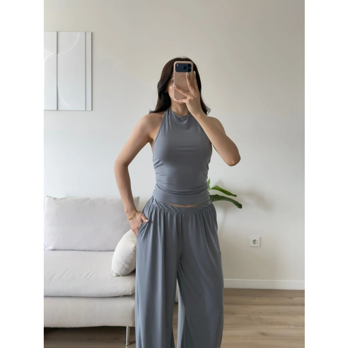 Halter Crop Balon Pantolon Takım - GRİ