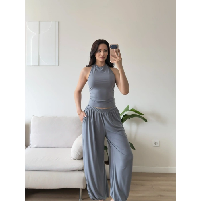 Halter Crop Balon Pantolon Takım - GRİ