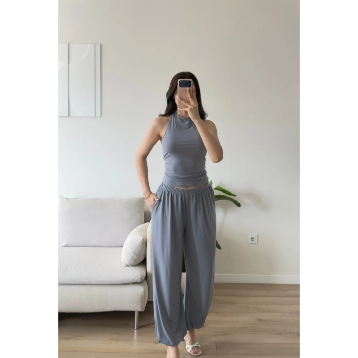 Halter Crop Balon Pantolon Takım - GRİ