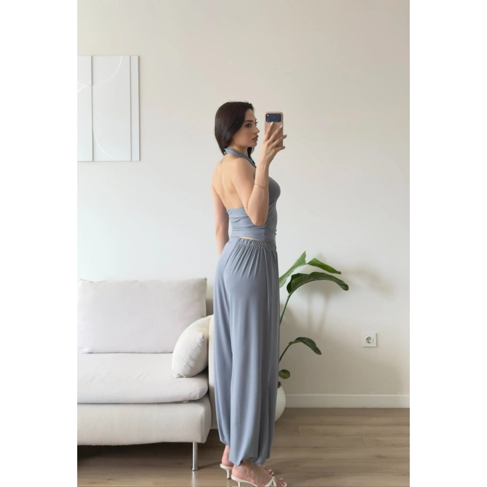Halter Crop Balon Pantolon Takım - GRİ