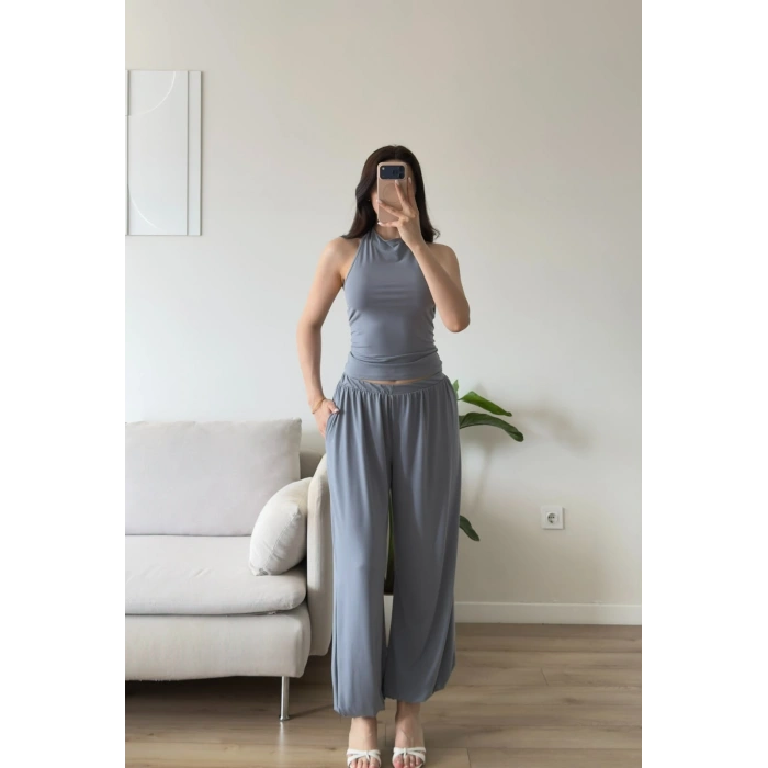 Halter Crop Balon Pantolon Takım - GRİ