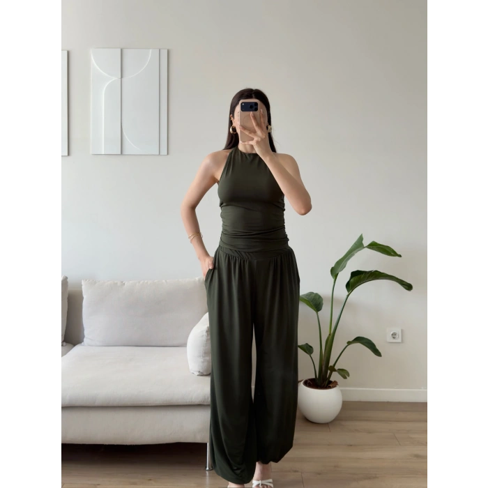 Halter Crop Balon Pantolon Takım - HAKİ