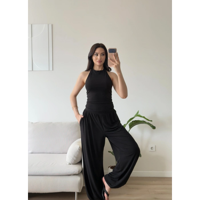 Halter Crop Balon Pantolon Takım - SİYAH