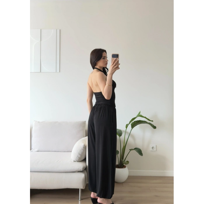 Halter Crop Balon Pantolon Takım - SİYAH