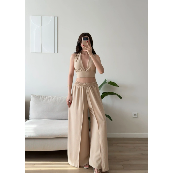 Halter Crop Palazzo Takım - BEJ