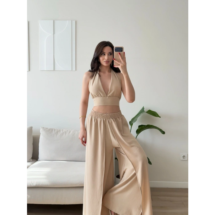 Halter Crop Palazzo Takım - BEJ