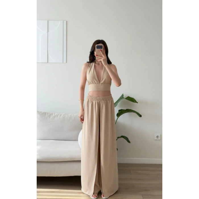 Halter Crop Palazzo Takım - BEJ