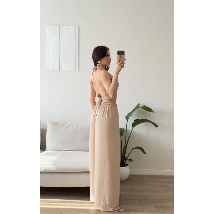 Halter Crop Palazzo Takım - BEJ